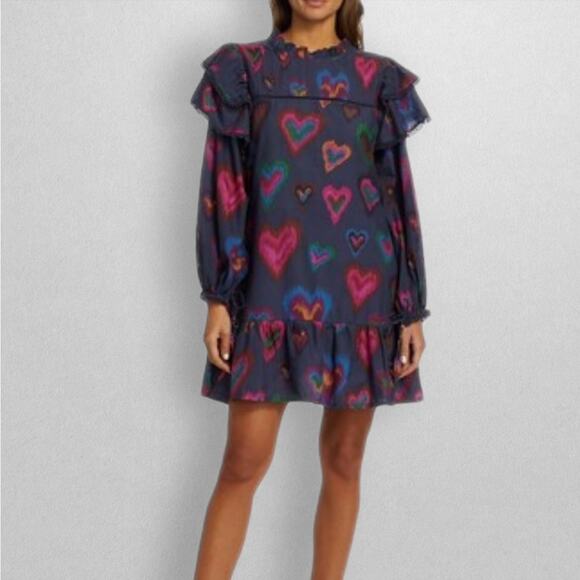 Farm Rio Dyed Heart Pattern Long Sleeve RuffleMini Dress women’s Size Small - Picture 1 of 15